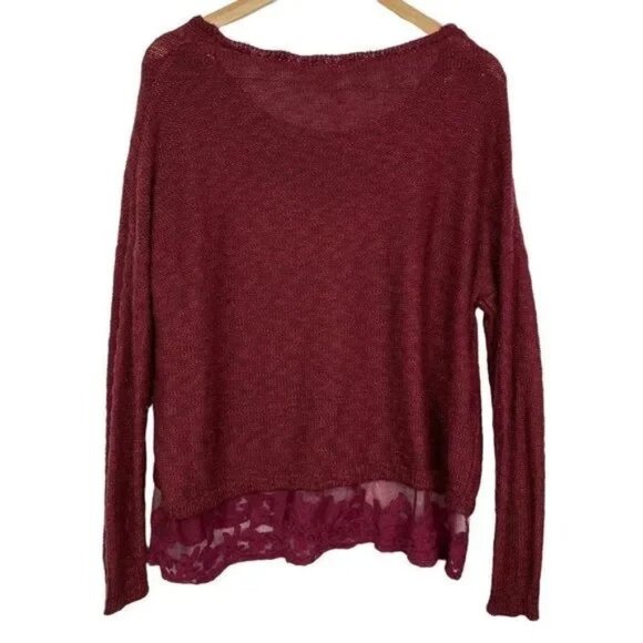 BY DESIGN WOMEN'S WINE RED LACE HEM SWEATER SIZE LARGE - Picture 4 of 8
